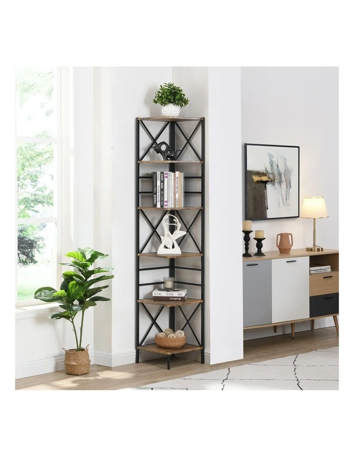 Industrial 6-Tier Square Corner Bookshelf 186.5cm in Dark Brown
