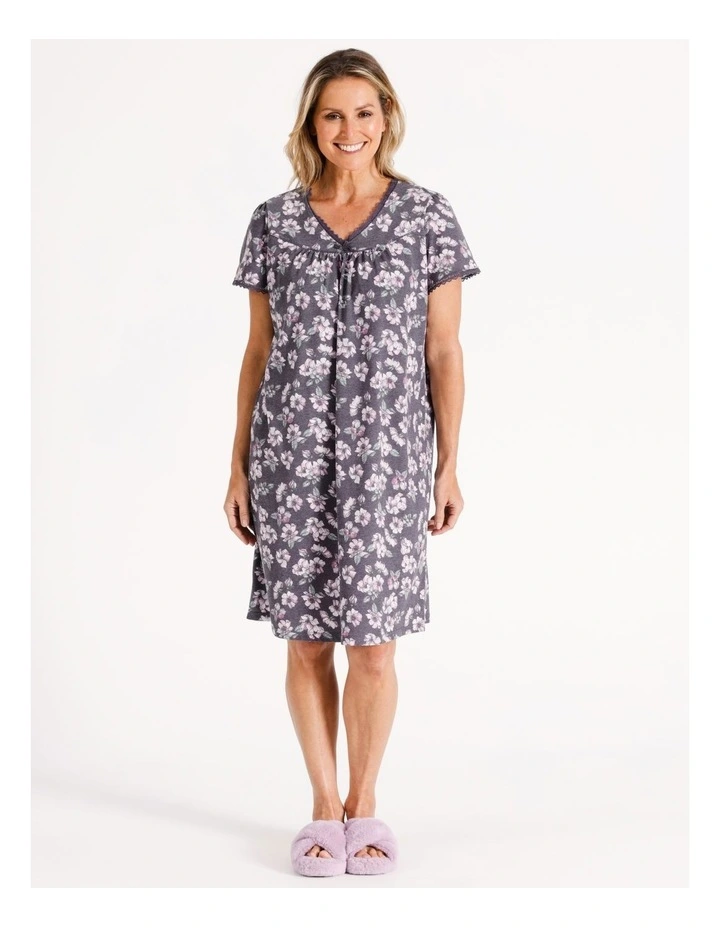 Timeless Knit Short Length Short Sleeve Nightie in Navy Floral