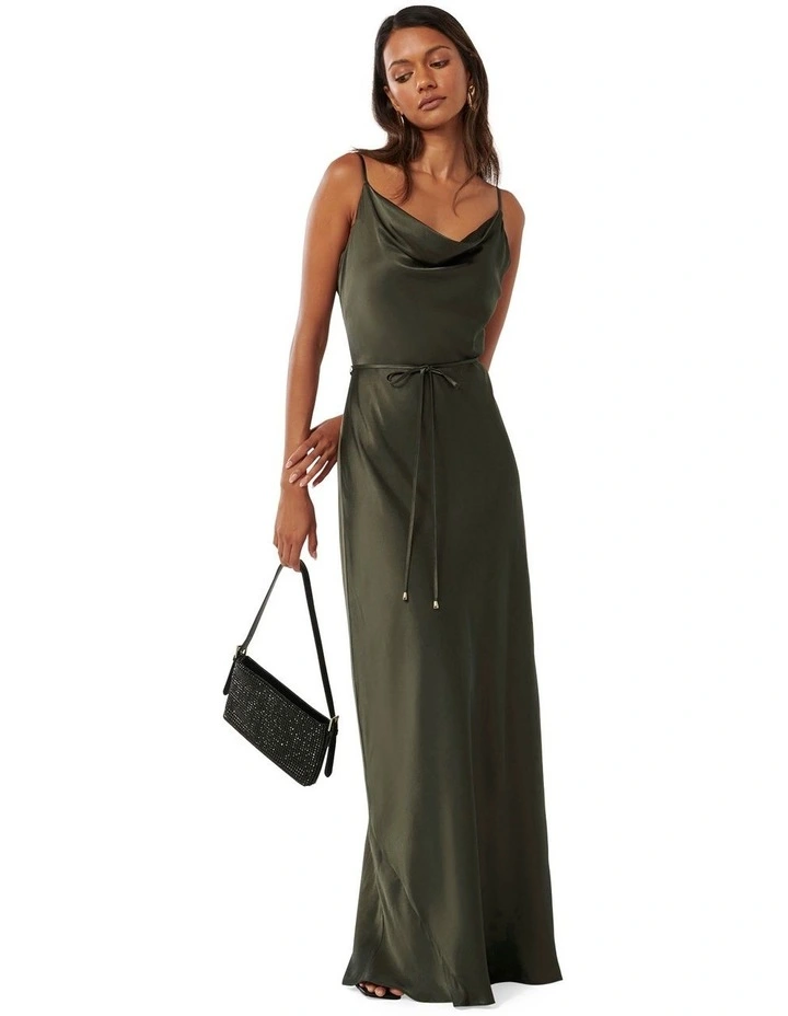 Lucy Satin Cowl Neck Maxi Dress in Green