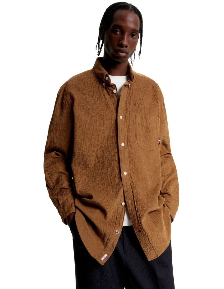 Textured Corduroy Long Sleeve Shirt in Khaki