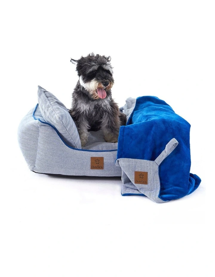 Hampton Herringbone 3 Piece Dog Bed in Blue