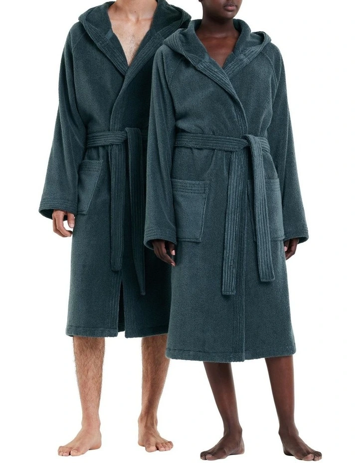 Obsidian Hooded Turkish Cotton Spa Robe in Petrol