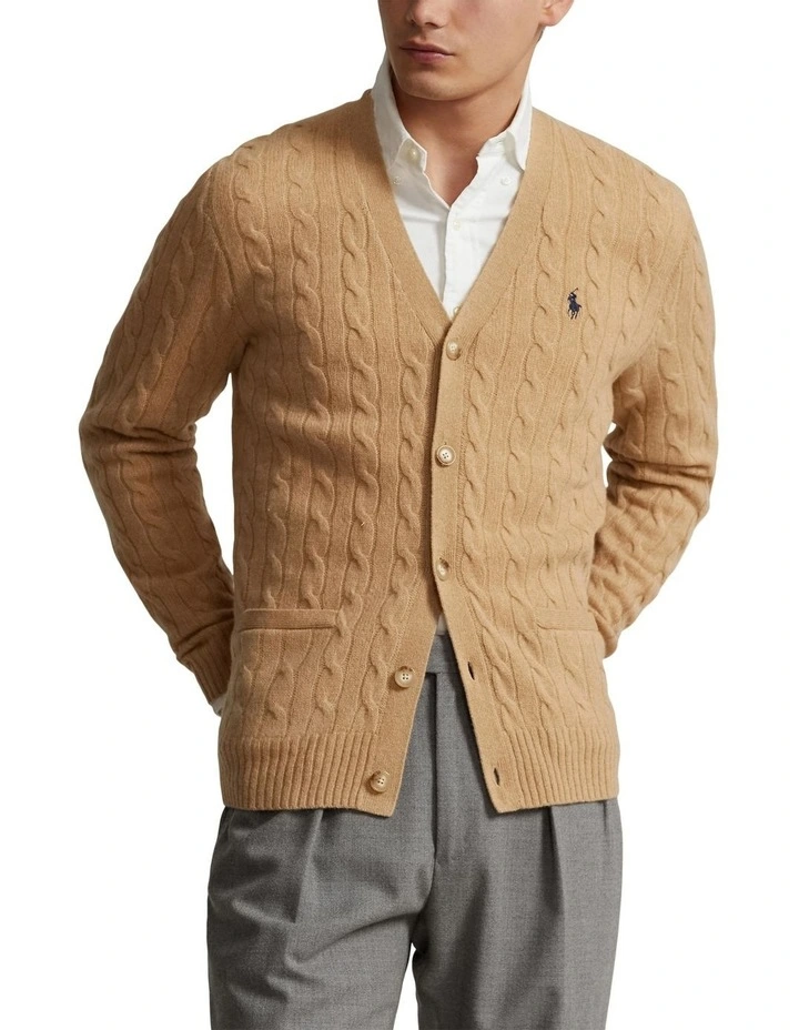 Cable-Knit Wool-Cashmere Cardigan in Brown