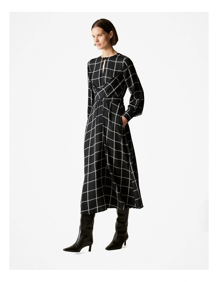 Modal Check Wrap Waist Dress in Black