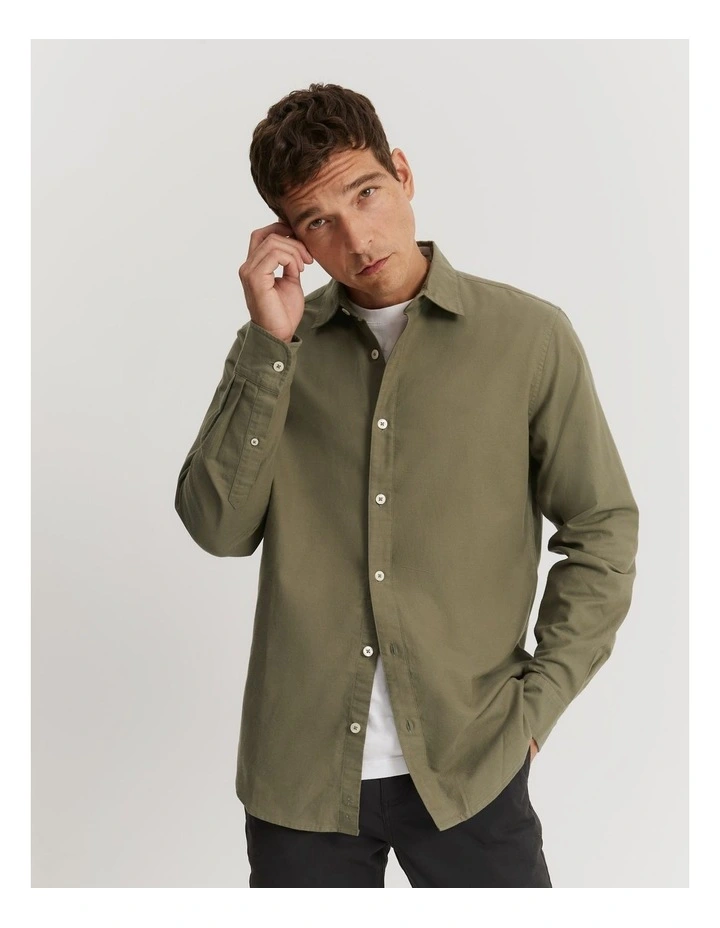 Regular Fit Australian Good Earth Cotton Brushed Twill Shirt in Army Green