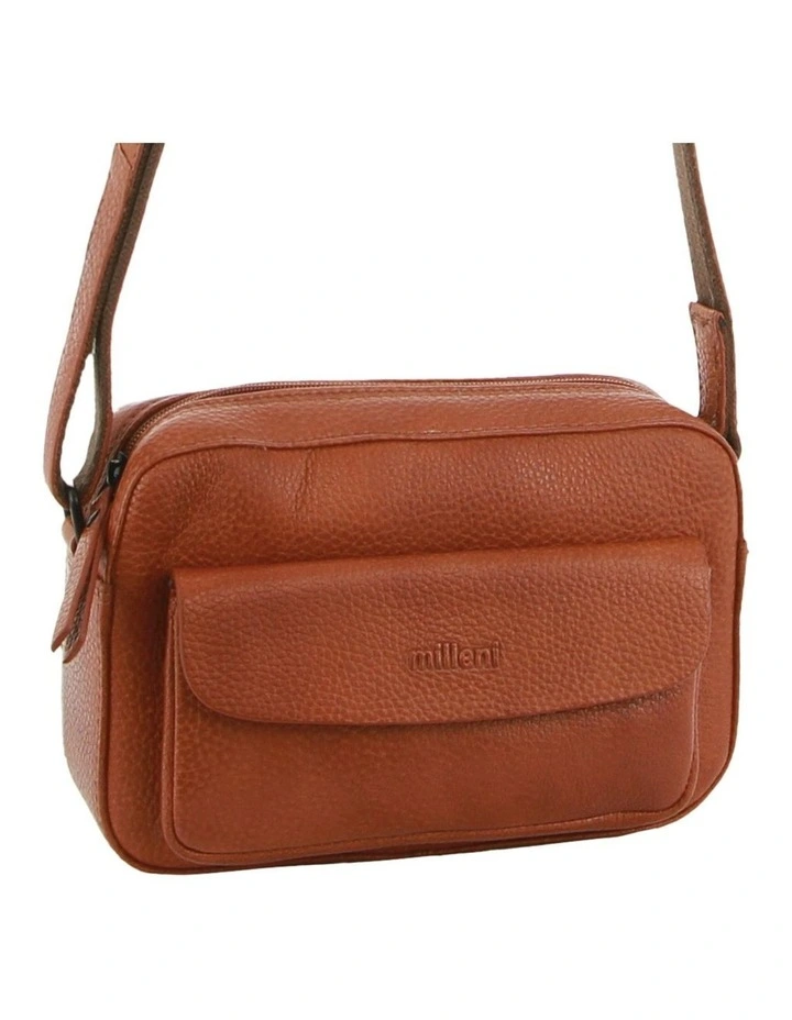 Leather Multi-Zip Cross-Body Bag in Cognac