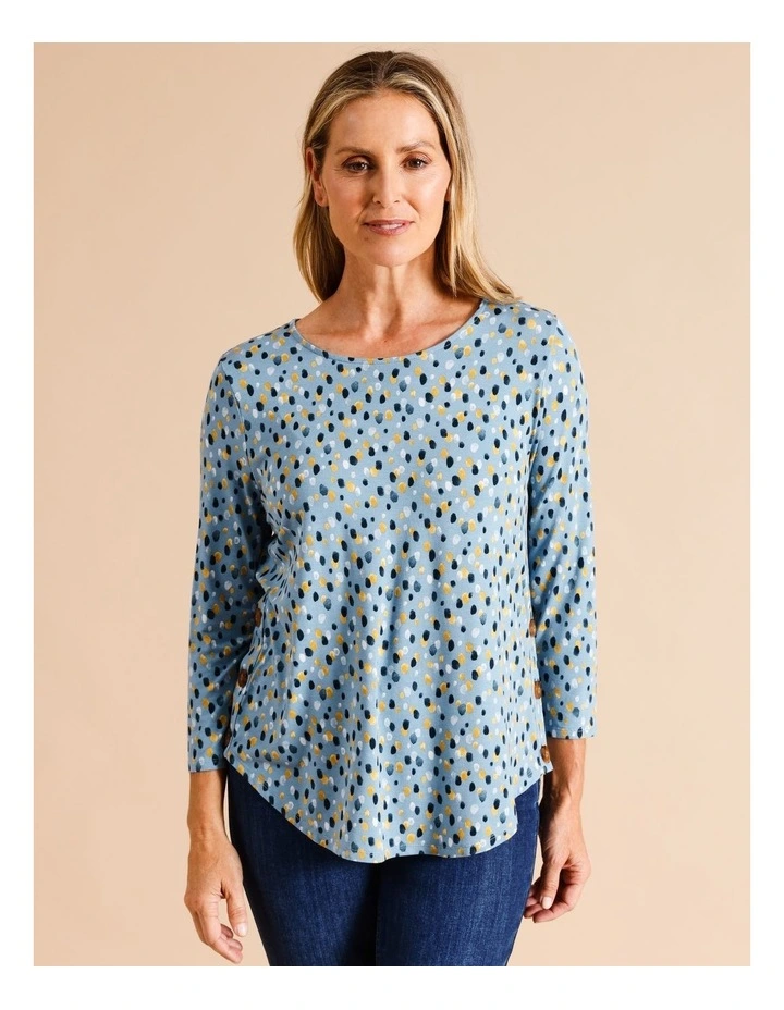 Sustainable Viscose Button Side 3/4 Sleeve Tee in Blue Rain Drop Spot