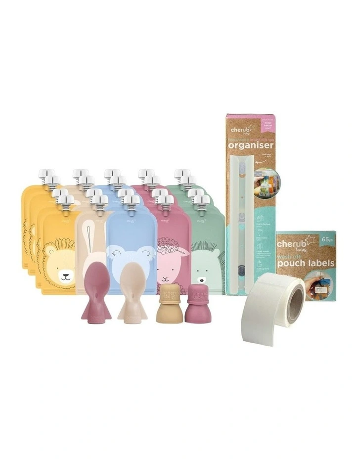 On the Go Reusable Food Pouches Bundle Kit in Dusty Rose/Sand
