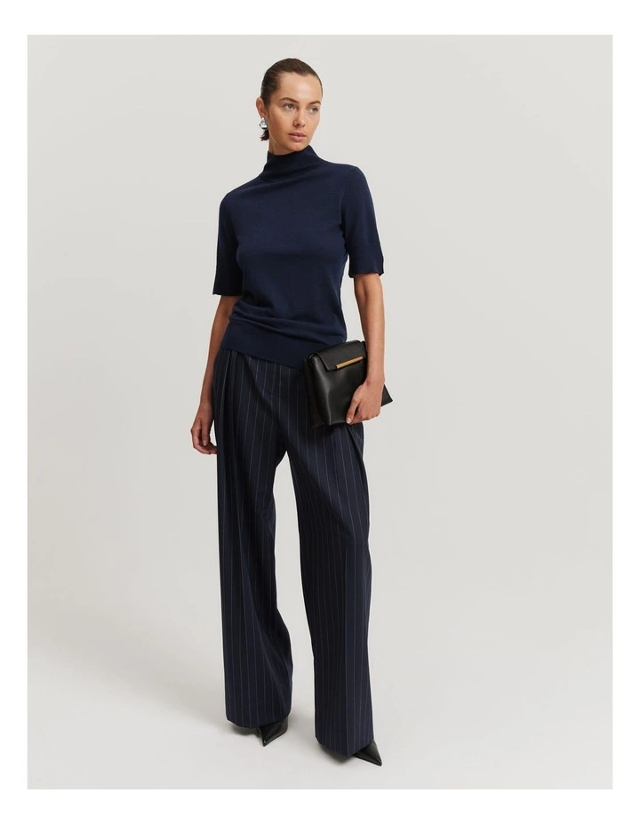 Australian Merino Wool Silk Short Sleeve Knit in Navy