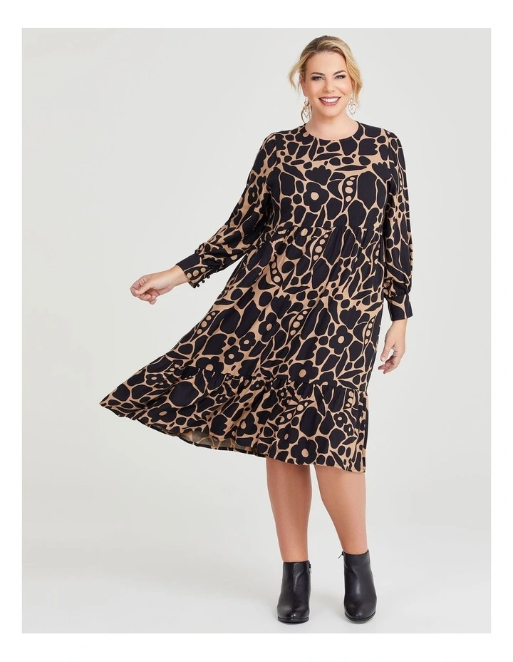 Natural Abstract Botanical Dress in Black/Pebble