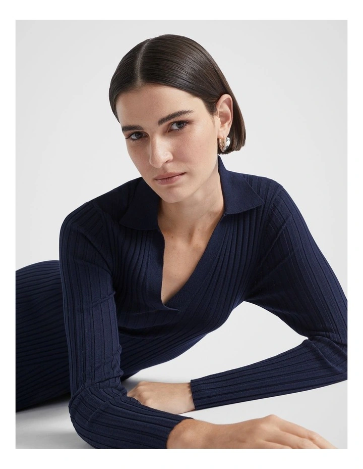 Rib Knit Polo Dress in Midnight Sky