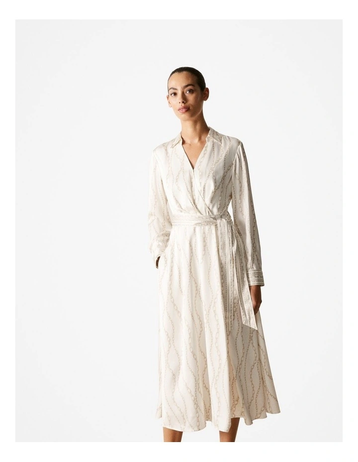 Satin Chain Print Wrap Dress in Parchment