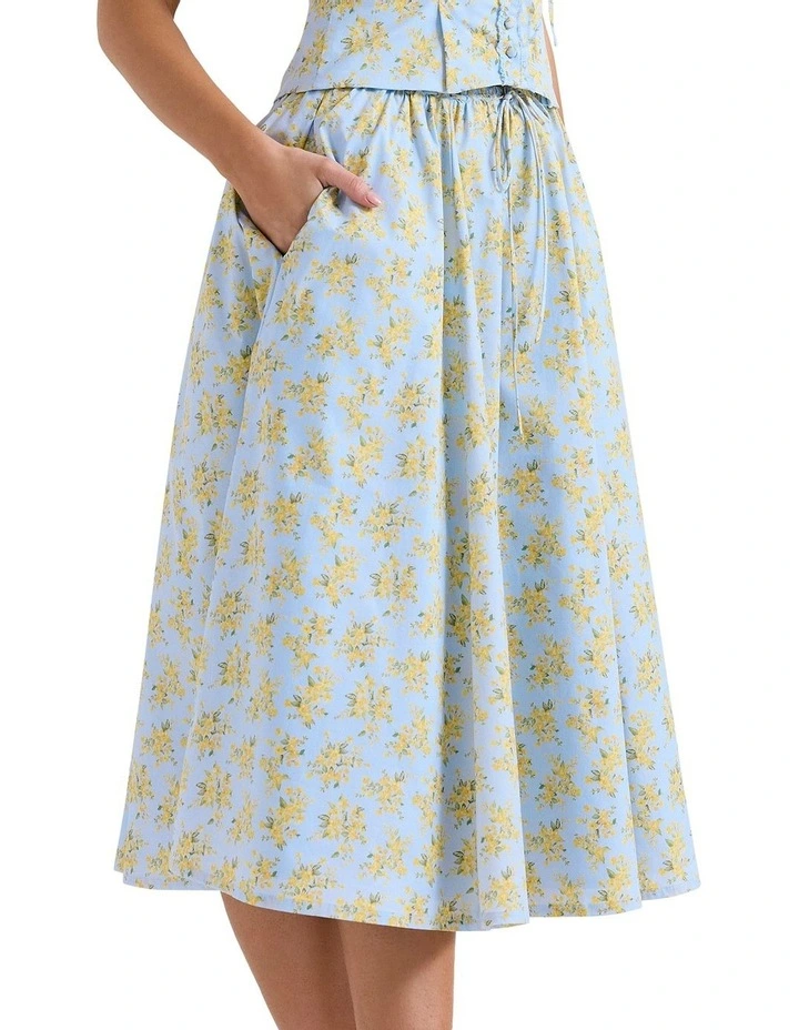 Cora Cotton Midi Skirt in Soft Blue Vintage Floral Print