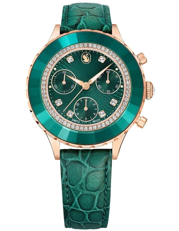 Octea Chrono Swiss Made Leather Strap Rose Gold-Tone Plated Watch in Green
