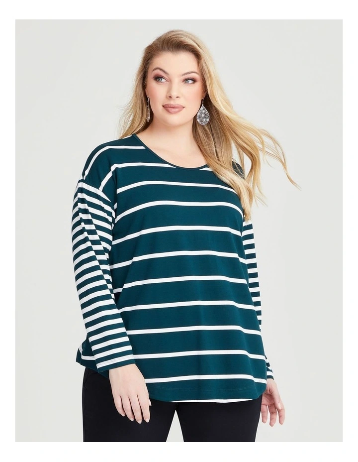 Bamboo Ponte Mix Stripe Top in Evergreen/Off White