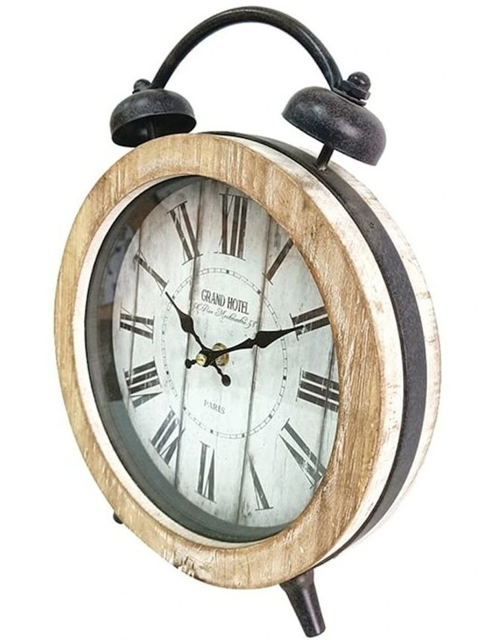 Rustic Table Clock With Faux Alarm in Natural/Distressed White