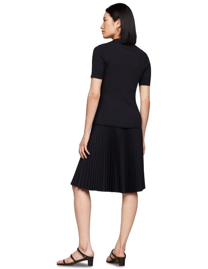 Ribbed Short Sleeve Slim Polo Jumper in Navy
