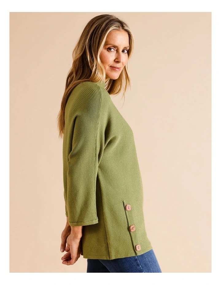 Sustainable Viscose Blend Button Side Magyar Sleeve Jumper In Avocado