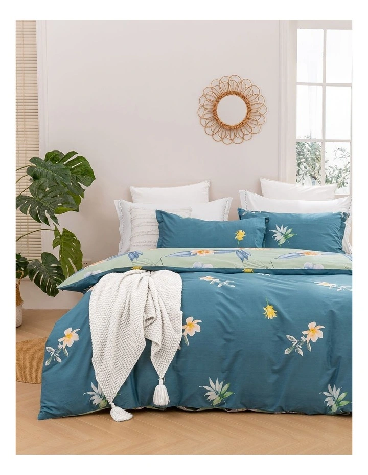 Paradise Floral Cotton Reversible Quilt Cover Set in Mint
