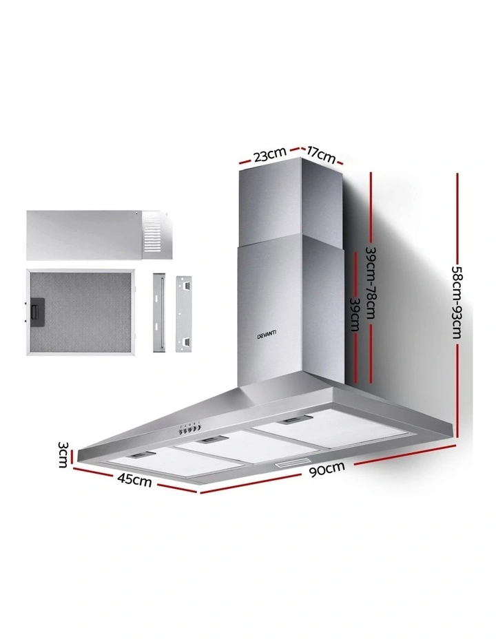 Range Hood 90cm 900mm Kitchen Canopy Stainless Steel Rangehood Wall Mount