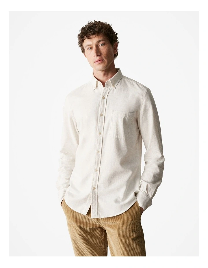 Regular Fit Brushed Cotton Flecked Shirt in Oatmeal Marle