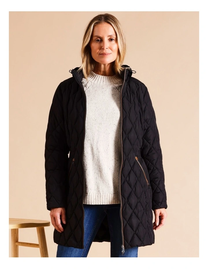 Recycled Polyester Longline Quilted Jacket With PU Trim In Black