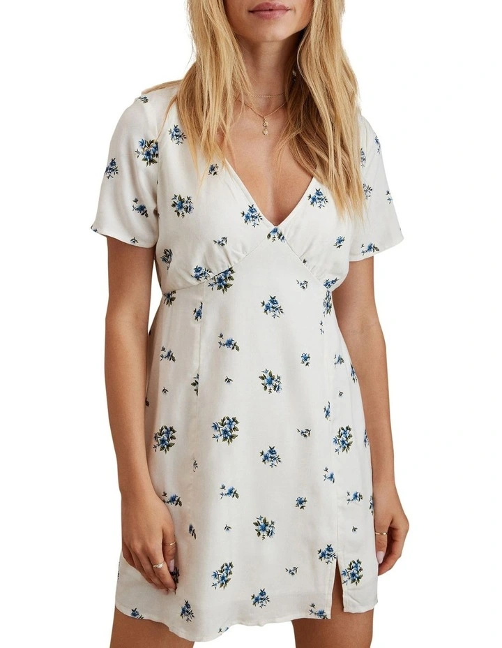 Floral Short-Sleeve Mini Dress in Cream