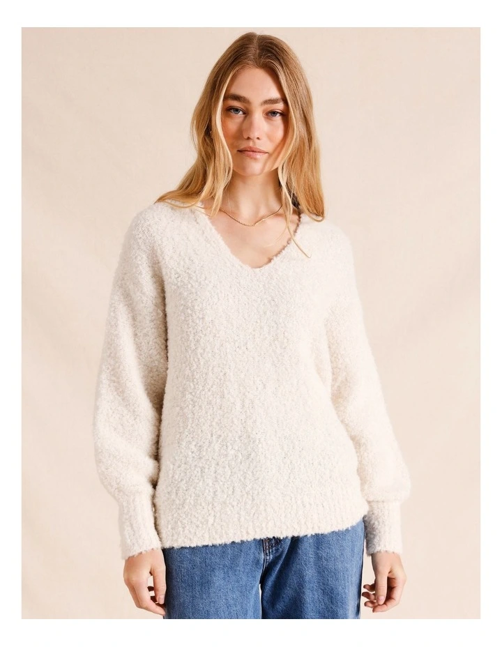 V-Neck Boucle Jumper in Beige