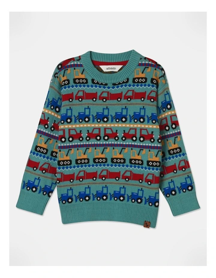 Knitted Jacquard Crew Neck Jumper in Teal