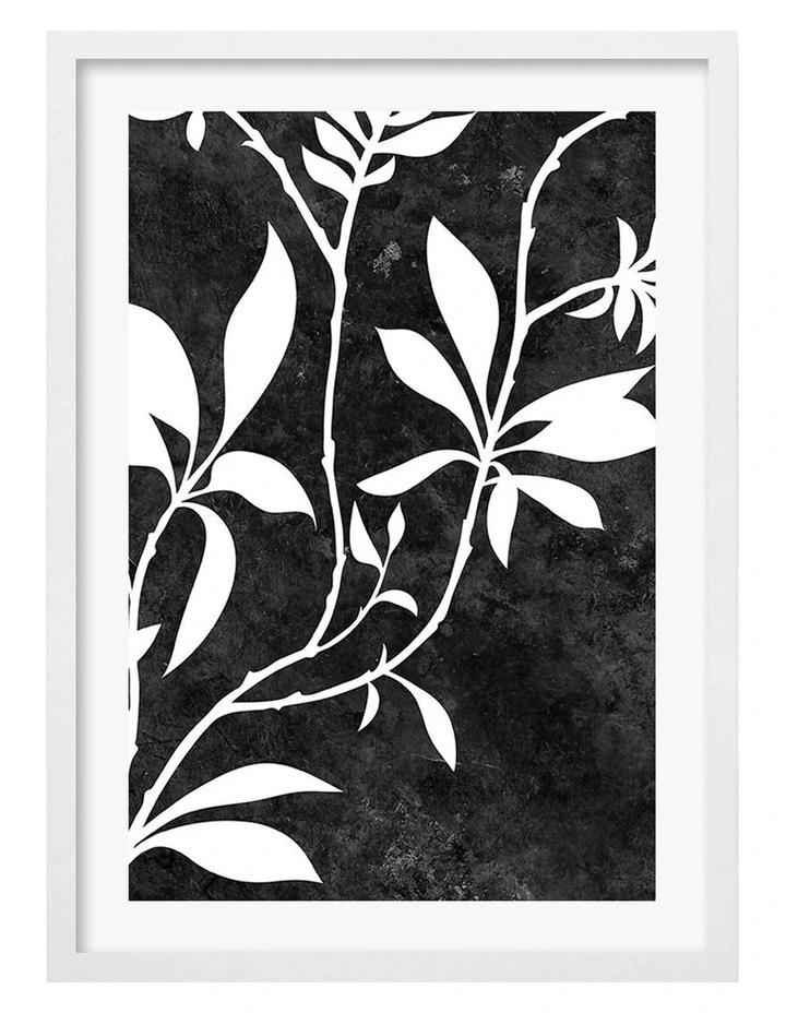 Australian Made Silhouette Branch Leaves Night Art Print A2 in White Frame