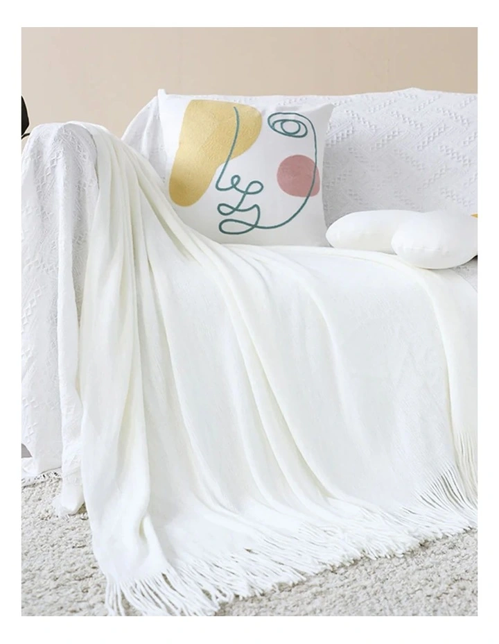 Acrylic Solid Knitted Throw Blanket in White