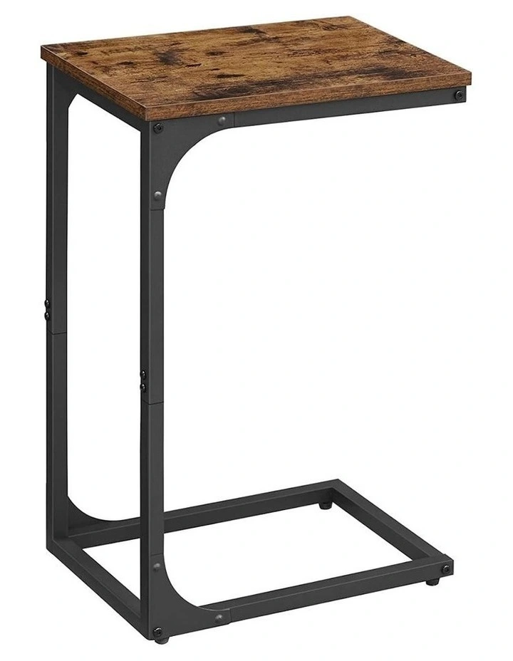 C-Shaped Slim End Table with Metal Frame in Rustic Brown/Black