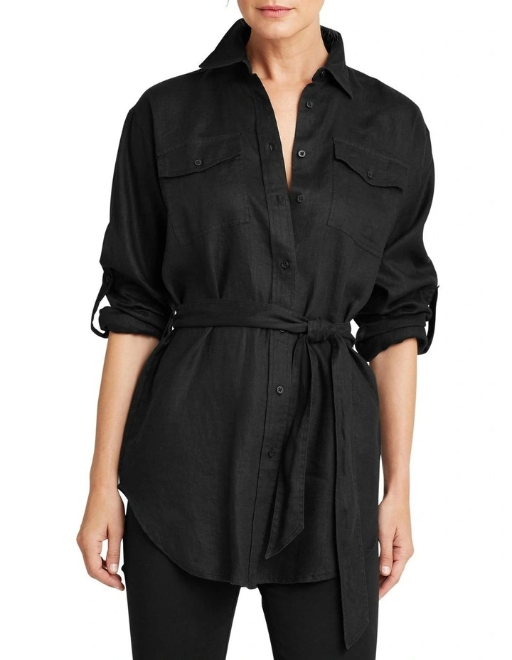 Belted Linen Shirt in Black