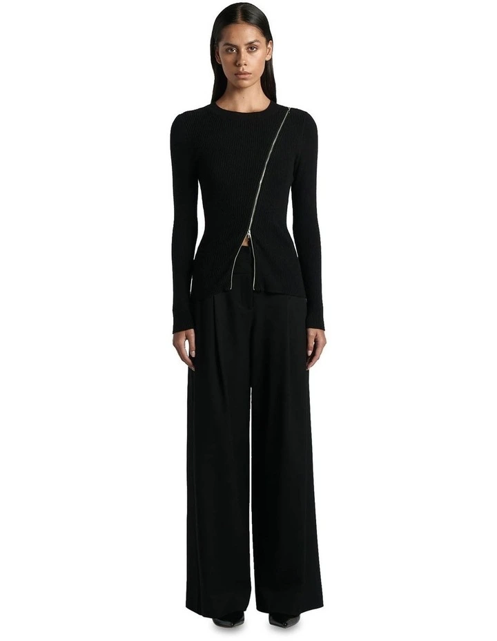 Asymmetric Zip Knit Top in Black