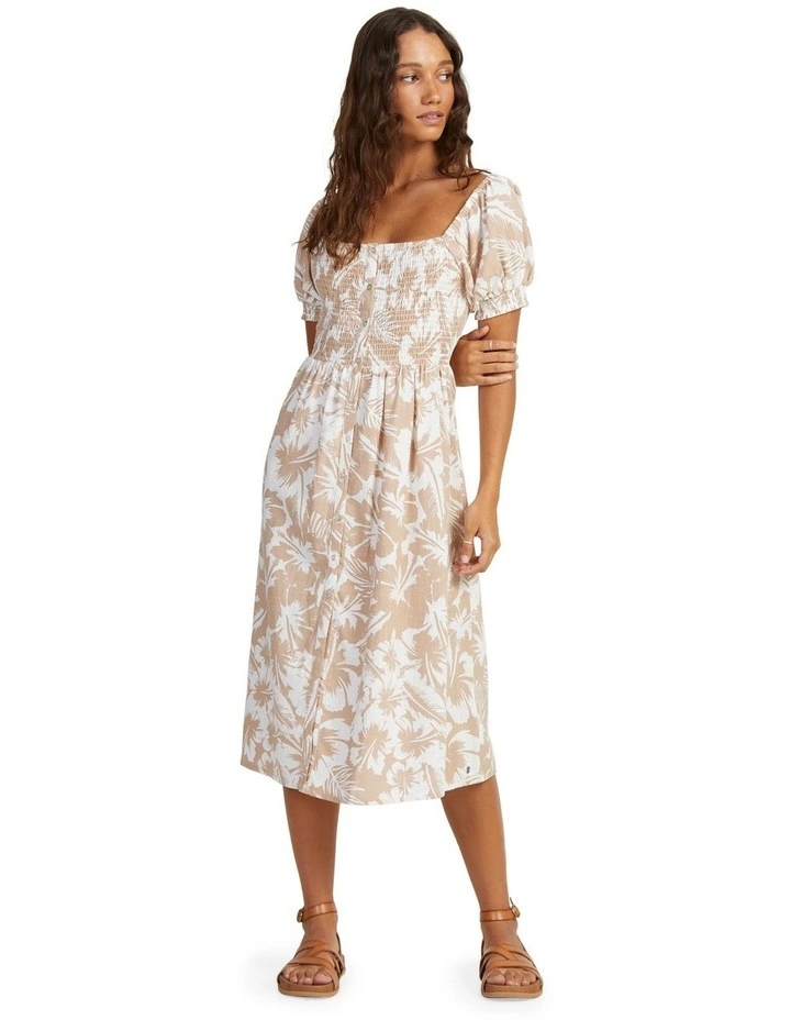 Sunshine Mind Smocked Bodice Midi Dress in Warm Taupe Happy Hibiscus