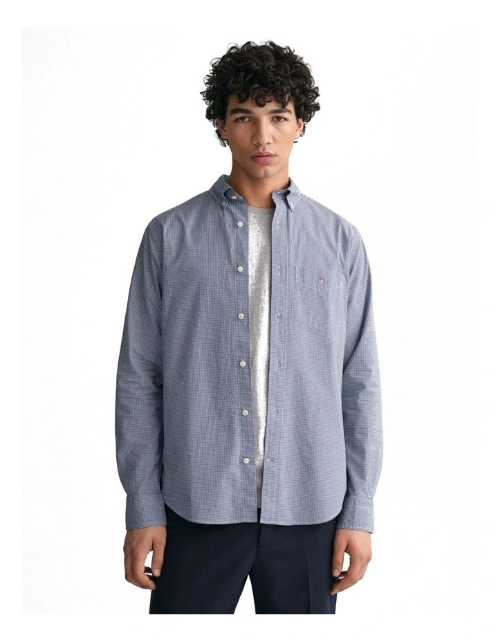 Poplin Micro Check Long Sleeve Shirt in College Blue