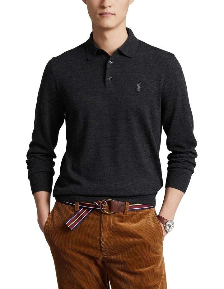 Washable Wool Polo-Collar Sweater in Grey