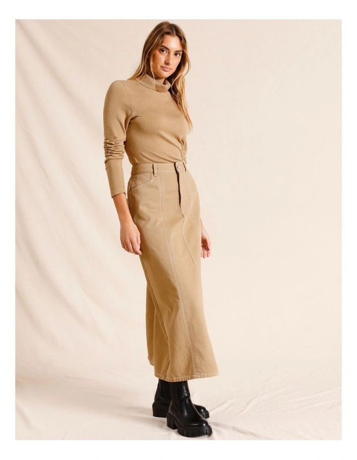 A-Line Drill Maxi Skirt in Tan