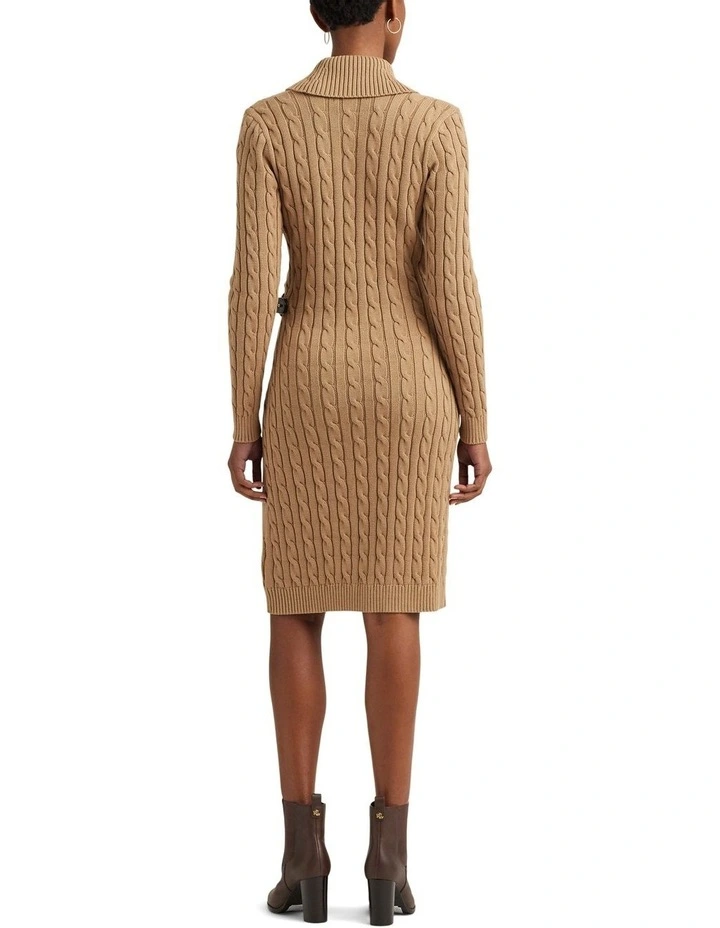 Cable-Knit Buckle-Trim Sweater Dress in Beige