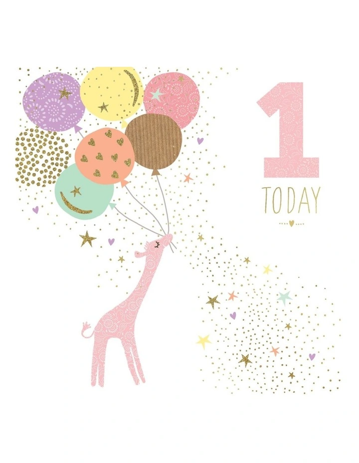 1st Birthday girl card giraffe with balloons