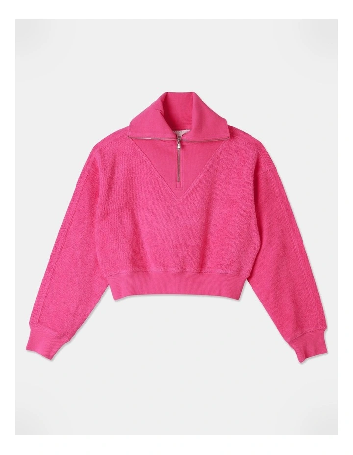 Cropped 1/4 Zip Reverse Terry Sweat Top in Pink