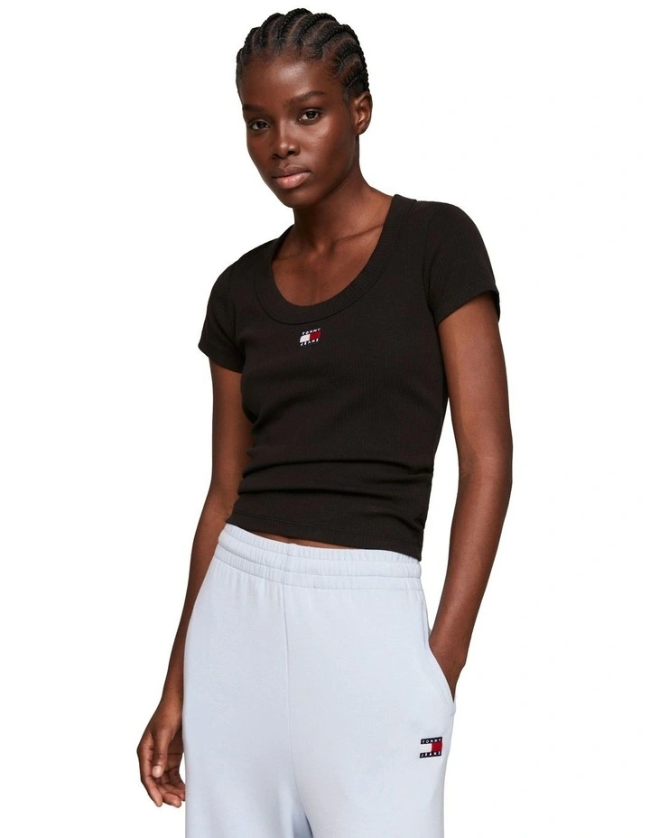 Badge Slim Fit Ribbed T-Shirt in Black