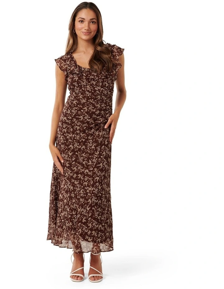 Paige Ruffle Midi Dress in Brown