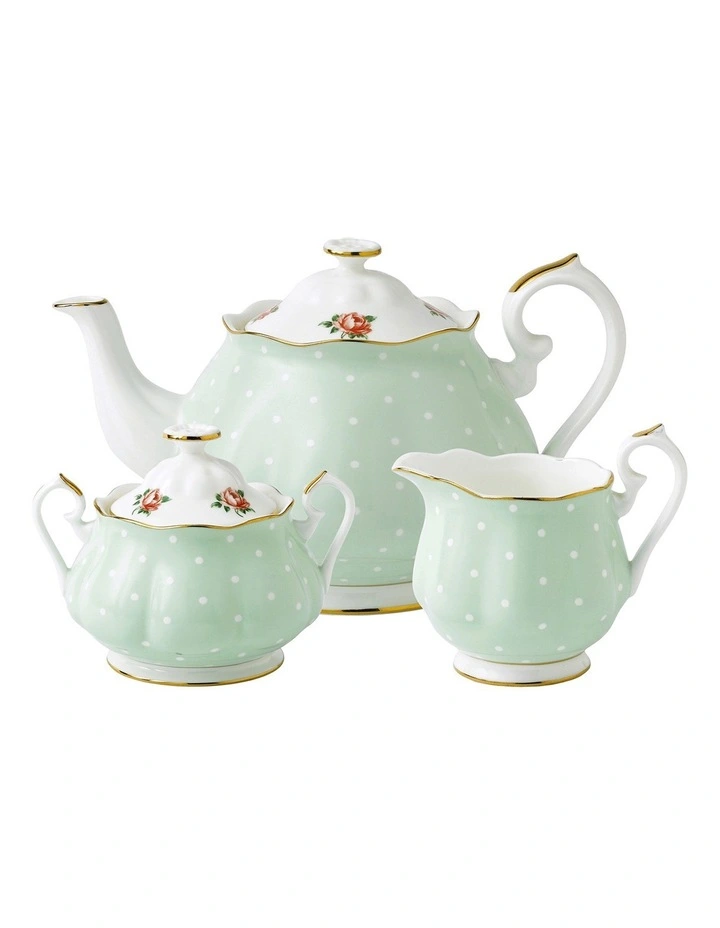 Polka Rose Teapot Sugar & Creamer Set Green