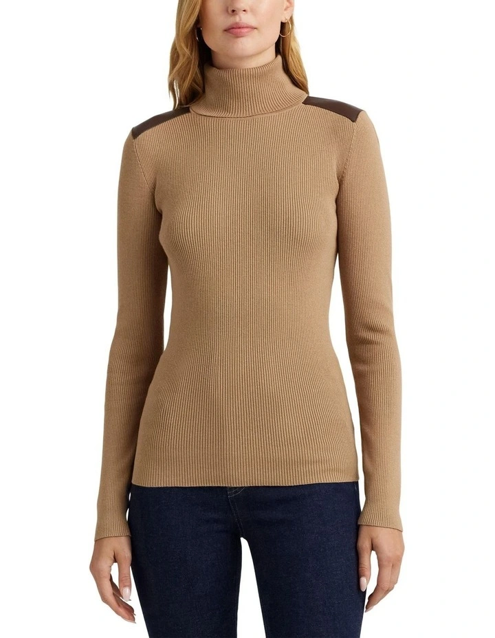 Faux-Leather-Trim Ribbed Turtleneck Top in Beige
