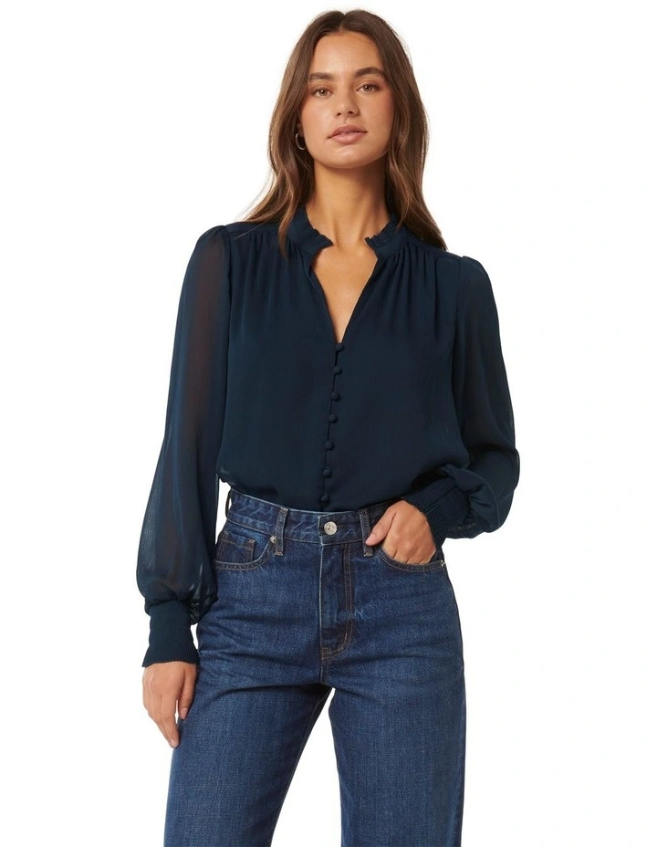 Floral Fluted Pleat Blouse in Blue