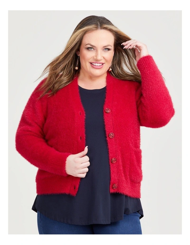 Fluffy Knit Short Cardigan in Persian Red