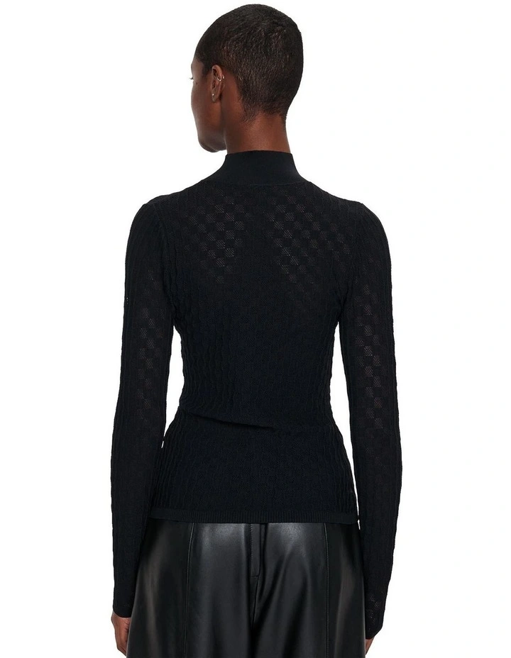 Semi Sheer Textured Funnel Neck Knit in Black