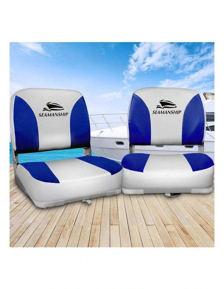 Seamanship 2X Folding Boat Seats Swivel Low Back 13cm Padding in Grey Blue