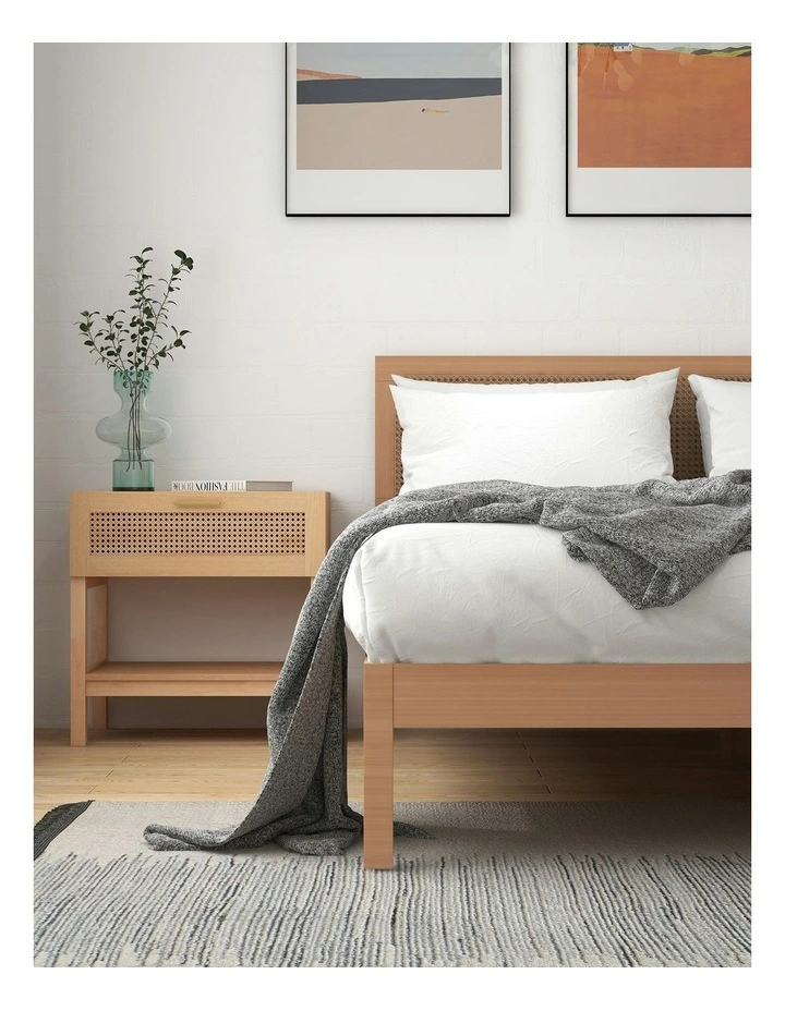 Santiago Platform Bed Rattan Bed Head Solid Wooden Frame in Beige